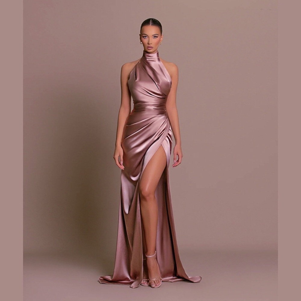Satin Partywear Slit Halter Dress